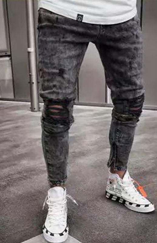 Men's Fashion Mid Waist Ripped Slim Jeans