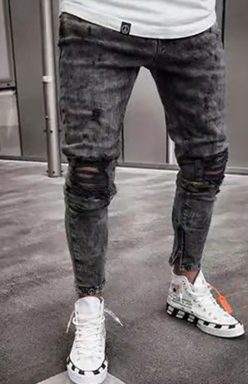 Men's Fashion Mid Waist Ripped Slim Jeans