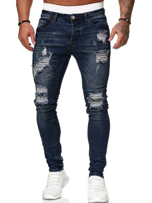 Men's Solid Color Ripped Stretch Skinny Distressed Jeans